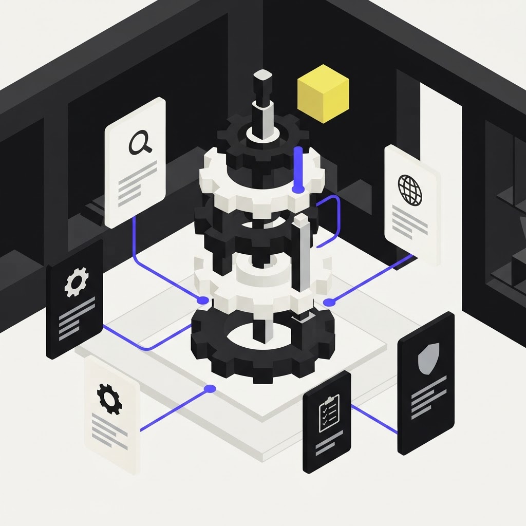 Isometric gear assembly representing automated monthly research cadence