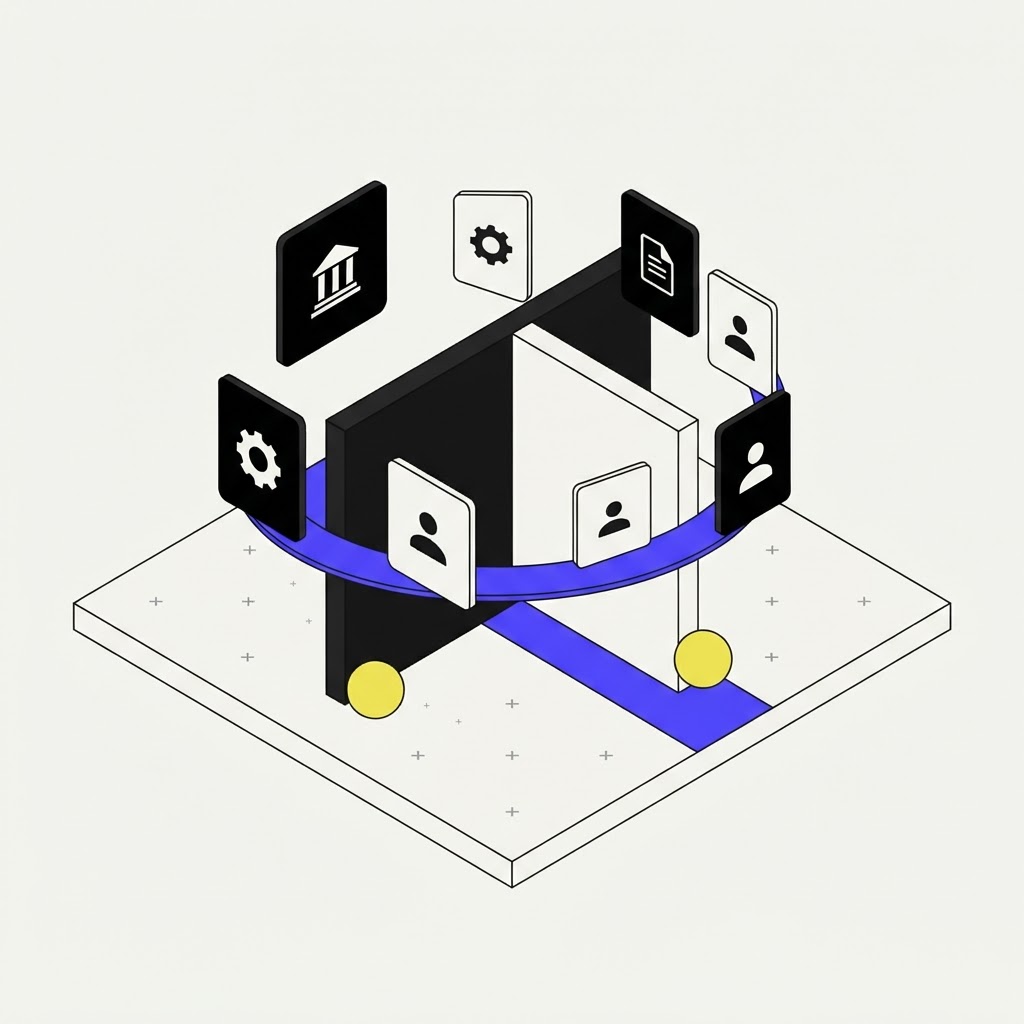 A central pivot point structure connecting multiple research cards