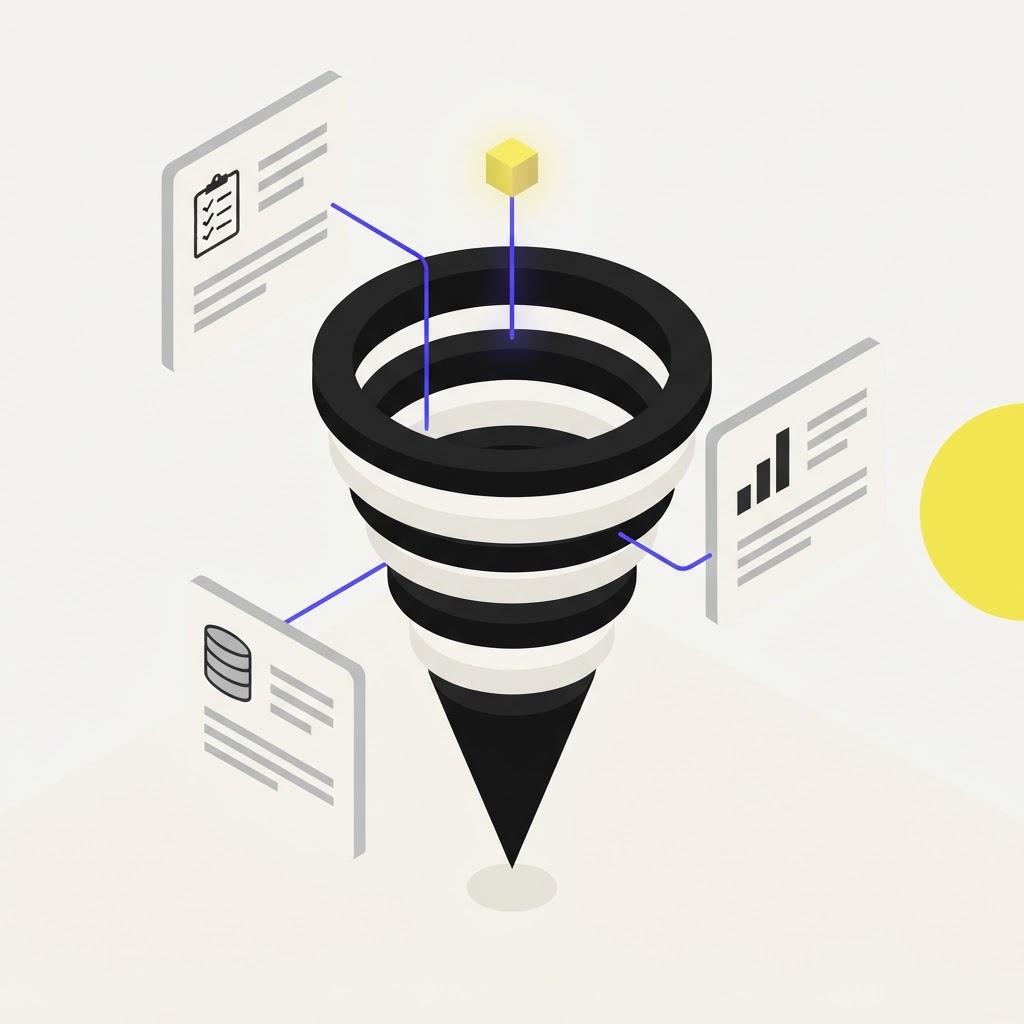 A funnel structure refining data into clear insight