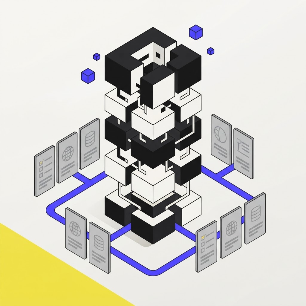 Isometric illustration of a multi story tower depicting audit layers in research