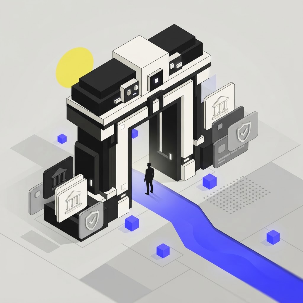 Isometric illustration of an architectural archway symbolizing transition and access