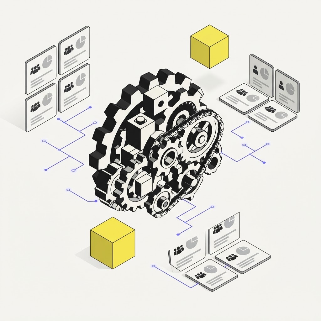 Isometric illustration of interlocking gears representing research process reliability