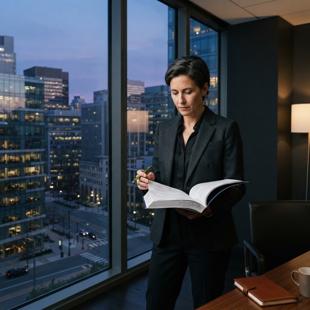 Compliance professional reviewing a high stakes report