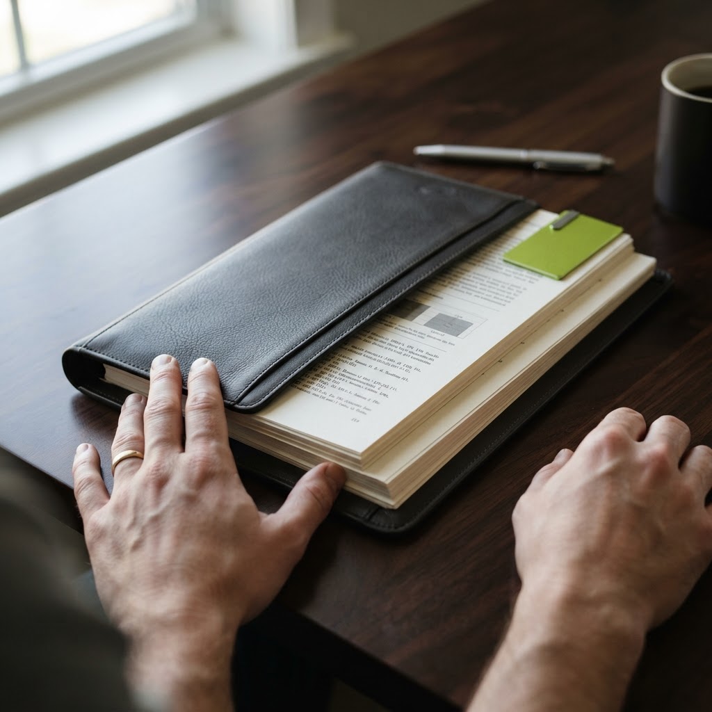 Hands organizing auditable compliance documentation