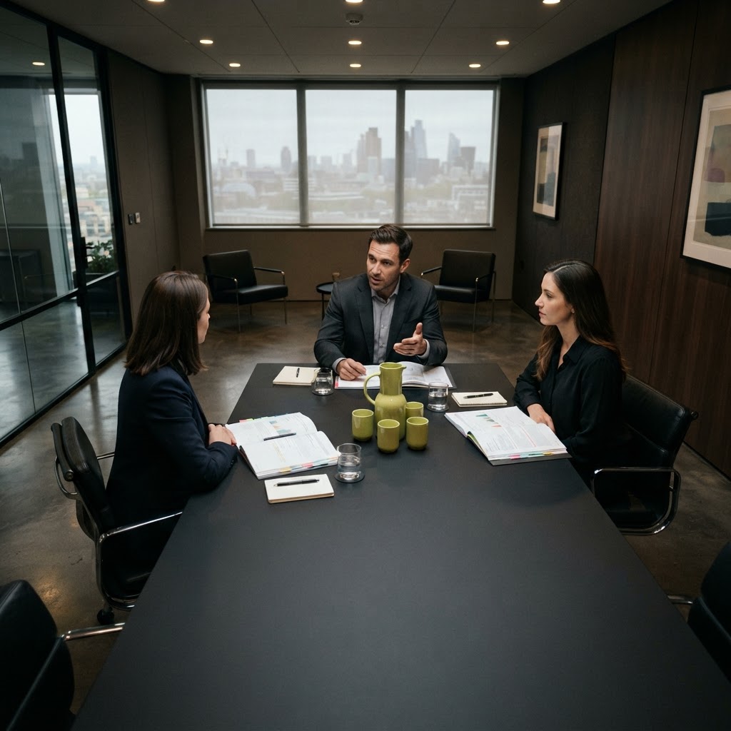 Professional team engaged in high stakes risk oversight