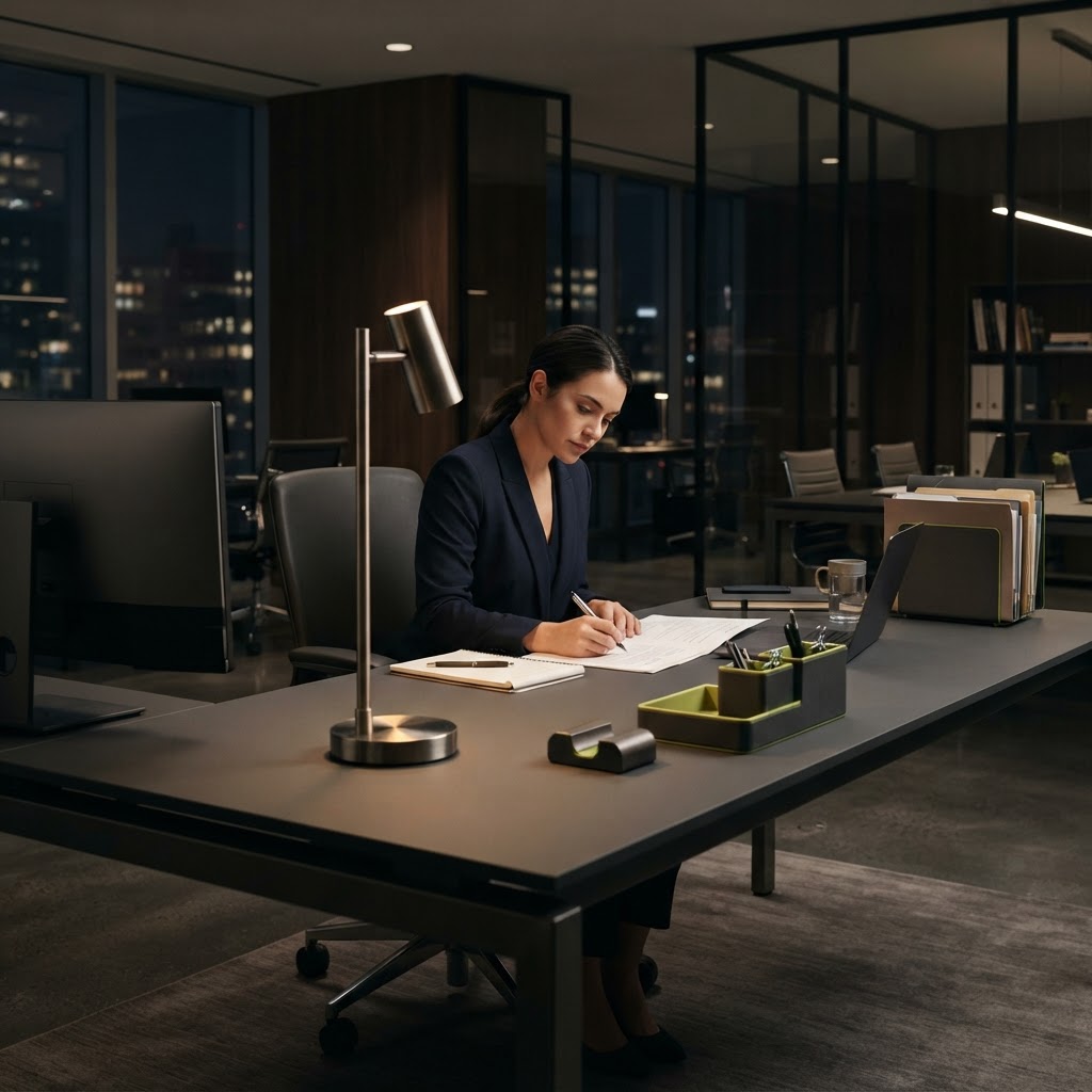 Analyst working in a modern professional office