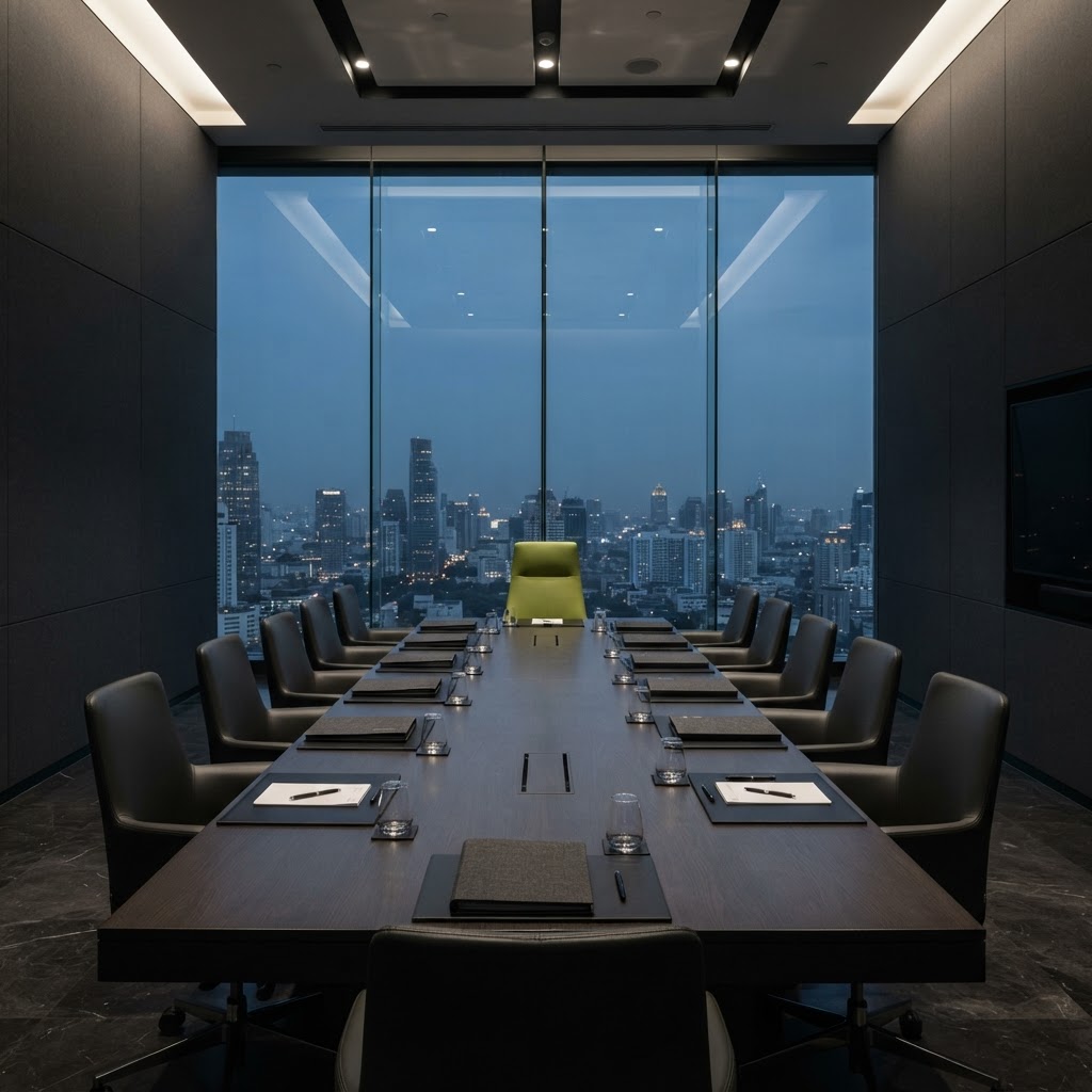 Modern boardroom with dark charcoal furniture