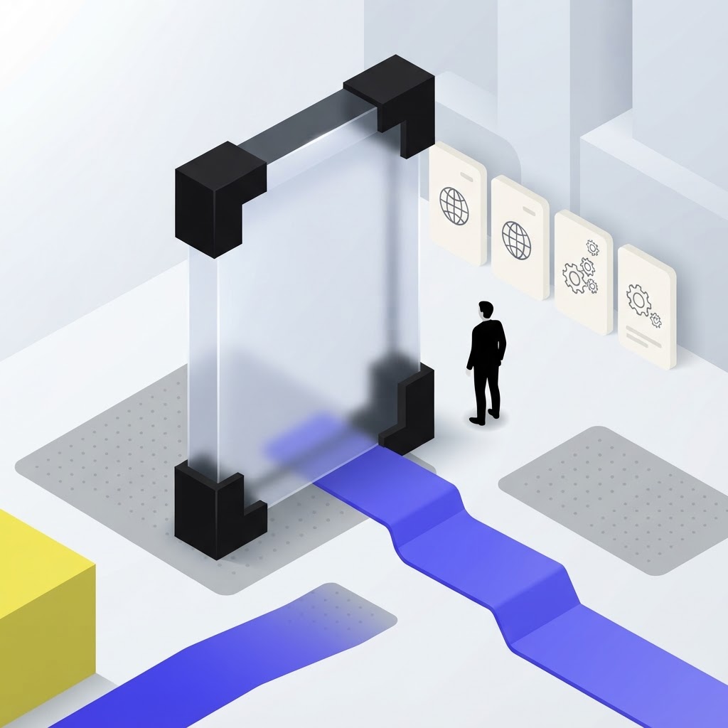 Isometric vector illustration of a frosted portal representing the transition to auditable AI research