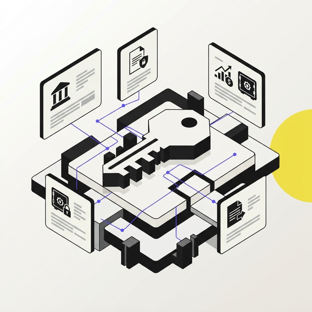 Isometric vector illustration of a geometric key unlocking structured data from corporate filings
