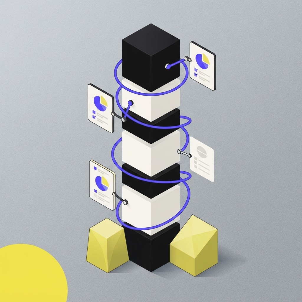 Isometric vector illustration of a vertical process pillar representing step-by-step financial research