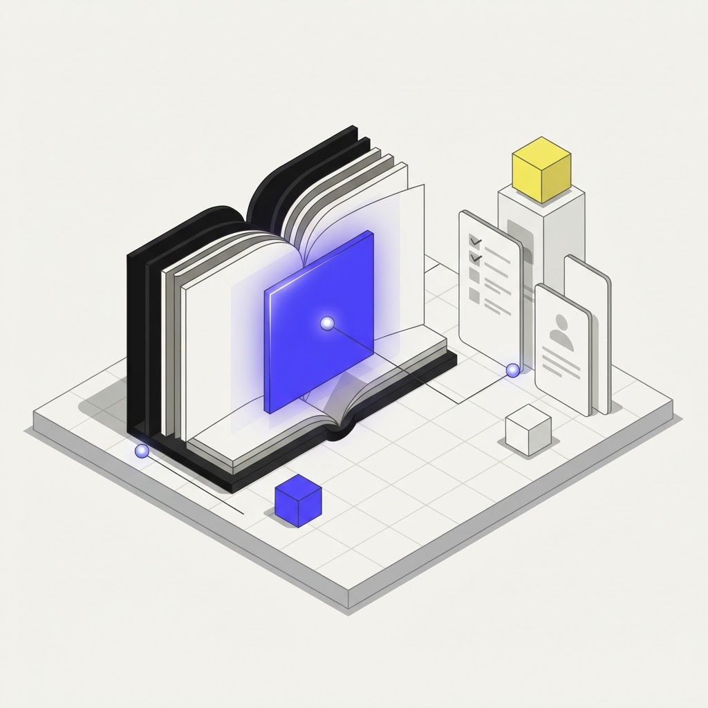 Isometric book assembly showing analysis of competitor content