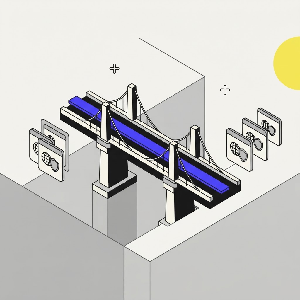 Isometric bridge connecting competitor tracking to content strategy