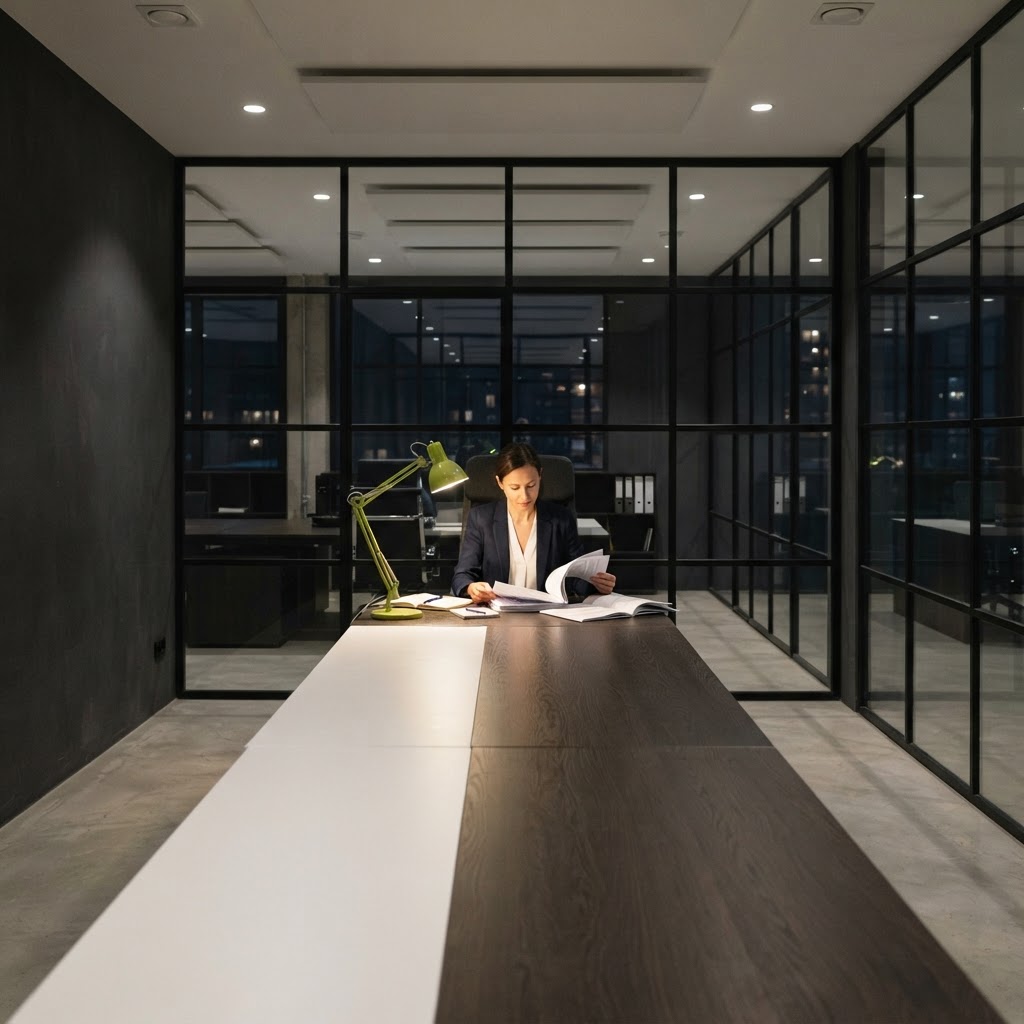 A single professional reviewing documents in a minimalist office