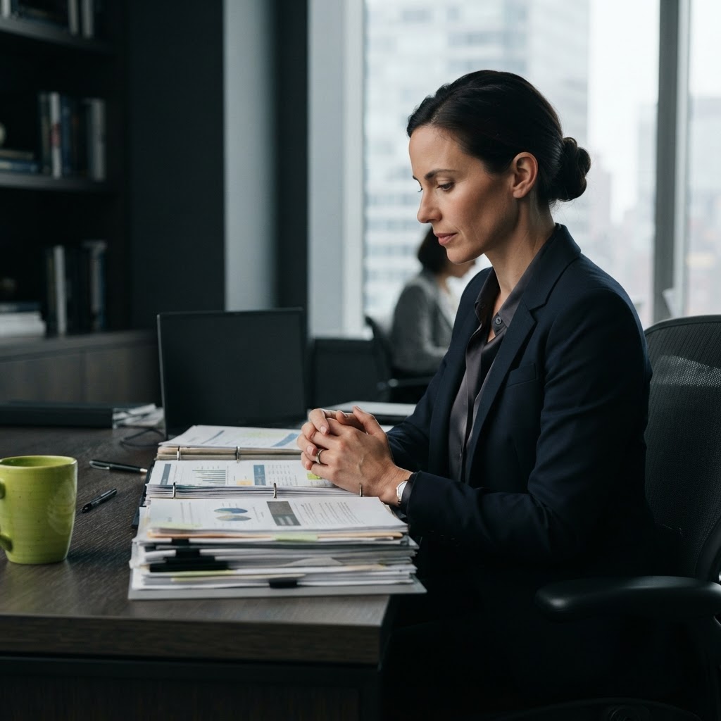 Professional focused on a stack of structured compliance documents