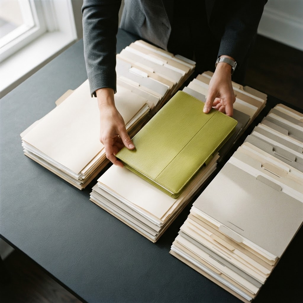 Professional hands organizing physical compliance dossiers on a desk