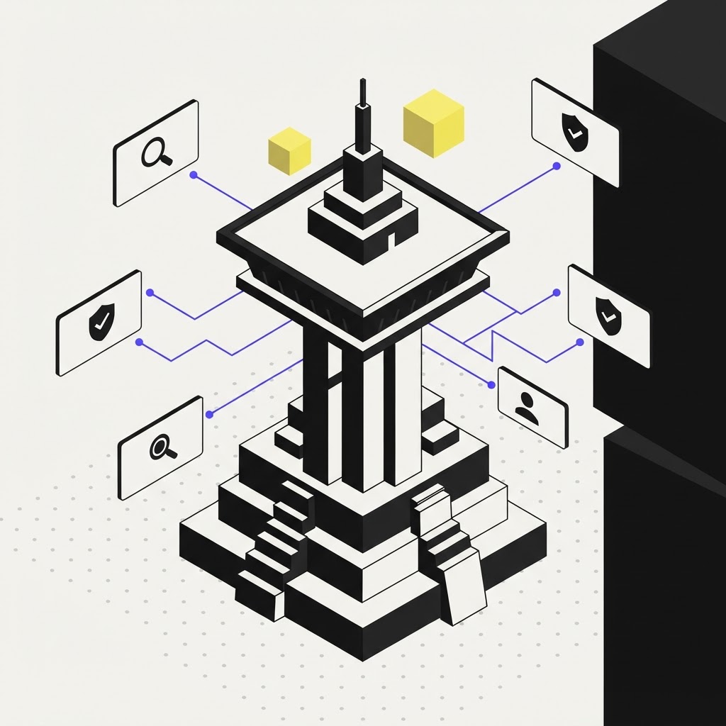 Isometric observation tower representing continuous investment portfolio monitoring