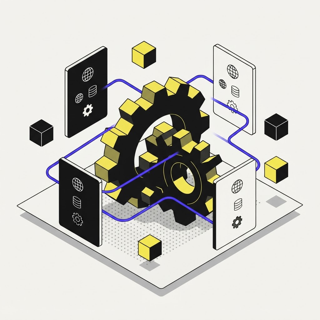 Isometric gear assembly hero object symbolizing workflow integration