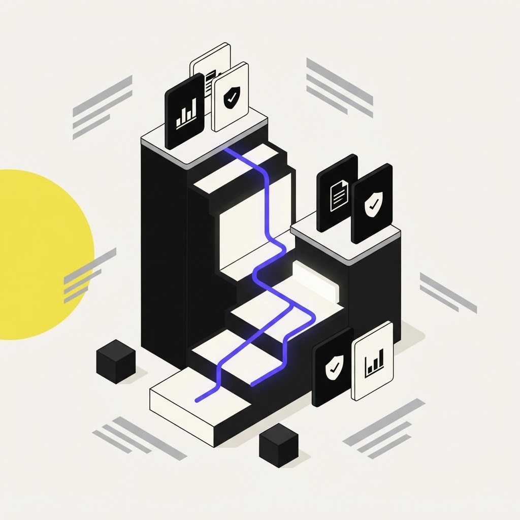 Isometric riser hero object representing audit-ready verification steps