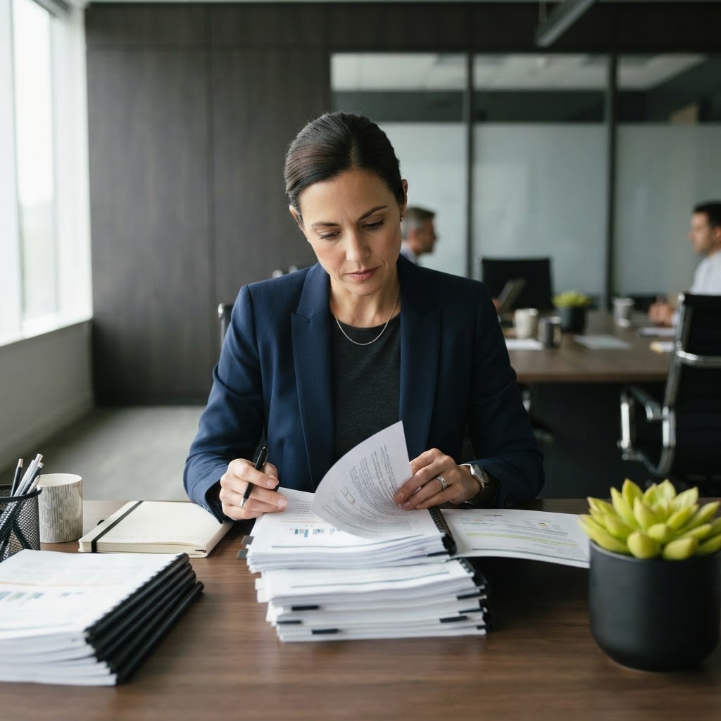 Analyst reviewing physical dossiers in a professional office