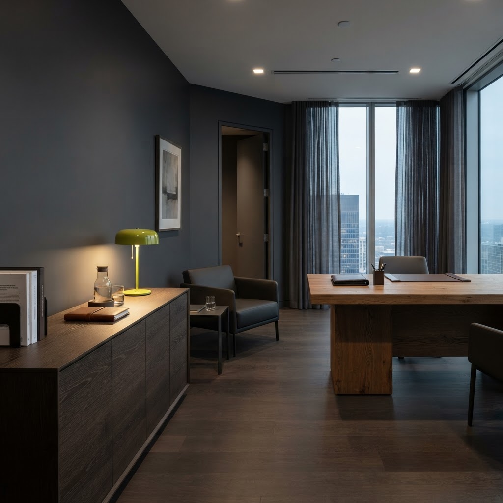 Modern high stakes office interior with deep tones