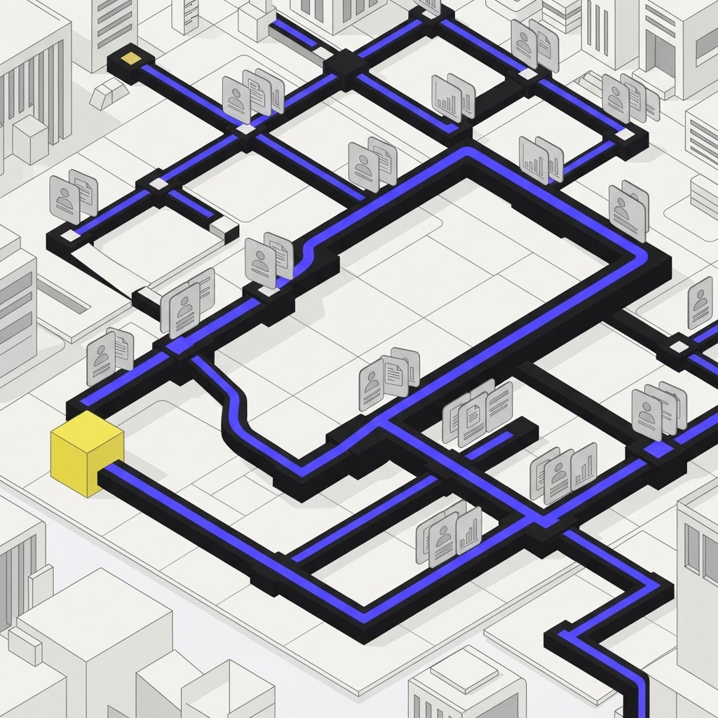 Isometric illustration of a continuous pathway system for automated due diligence