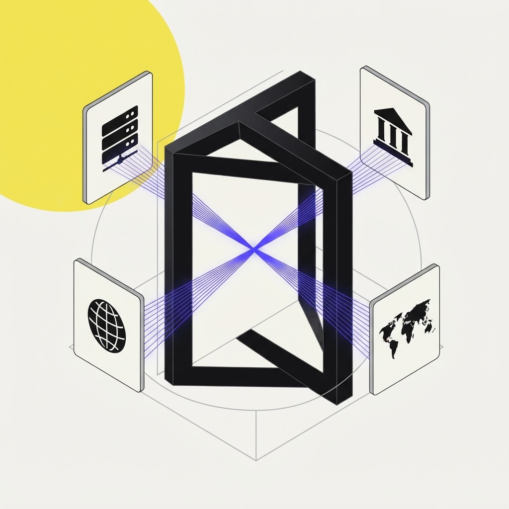 Isometric illustration of an open prism portal representing data flow and research access
