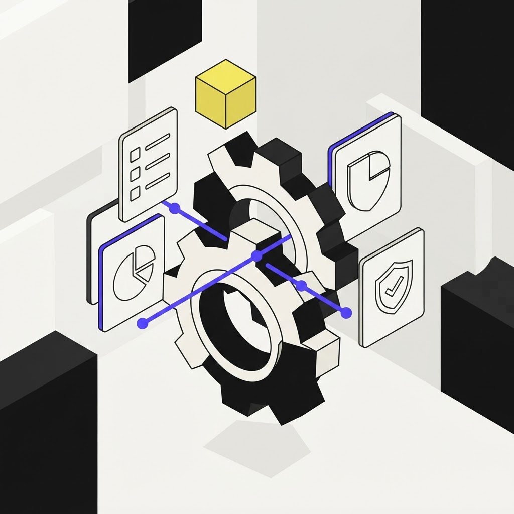 Isometric illustration of intersecting cogs representing automated diligence workflows