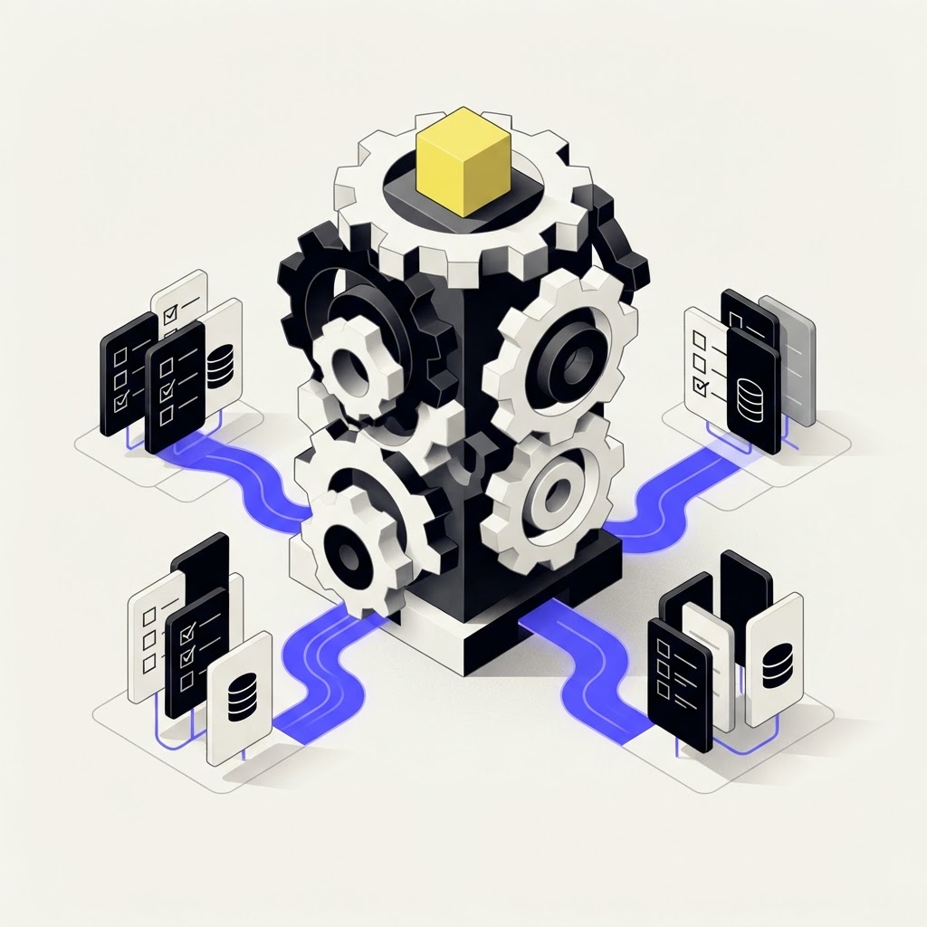 Geometric gears representing continuous AI research monitoring