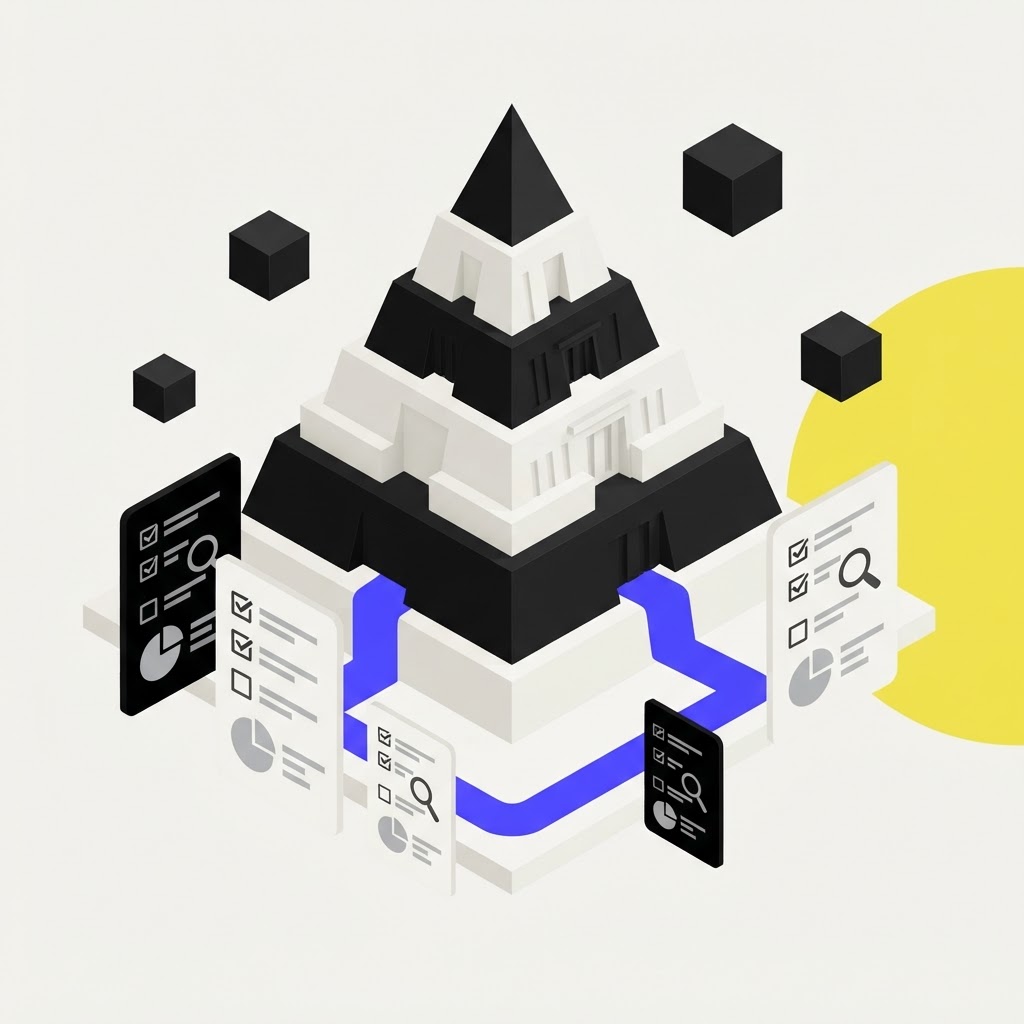 Tiered pyramid hero object for research audit trails