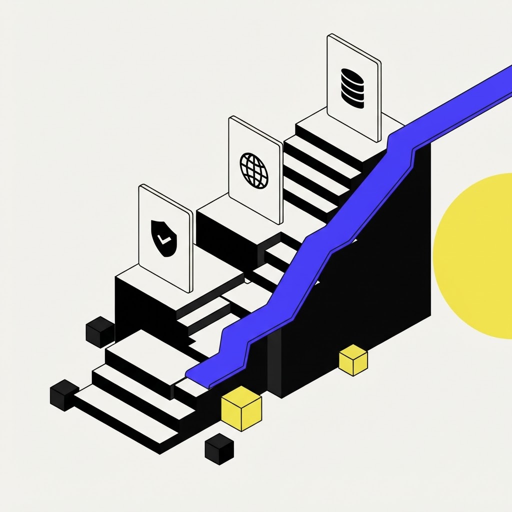 Isometric tiered stairs representing the progression of traceable compliance research