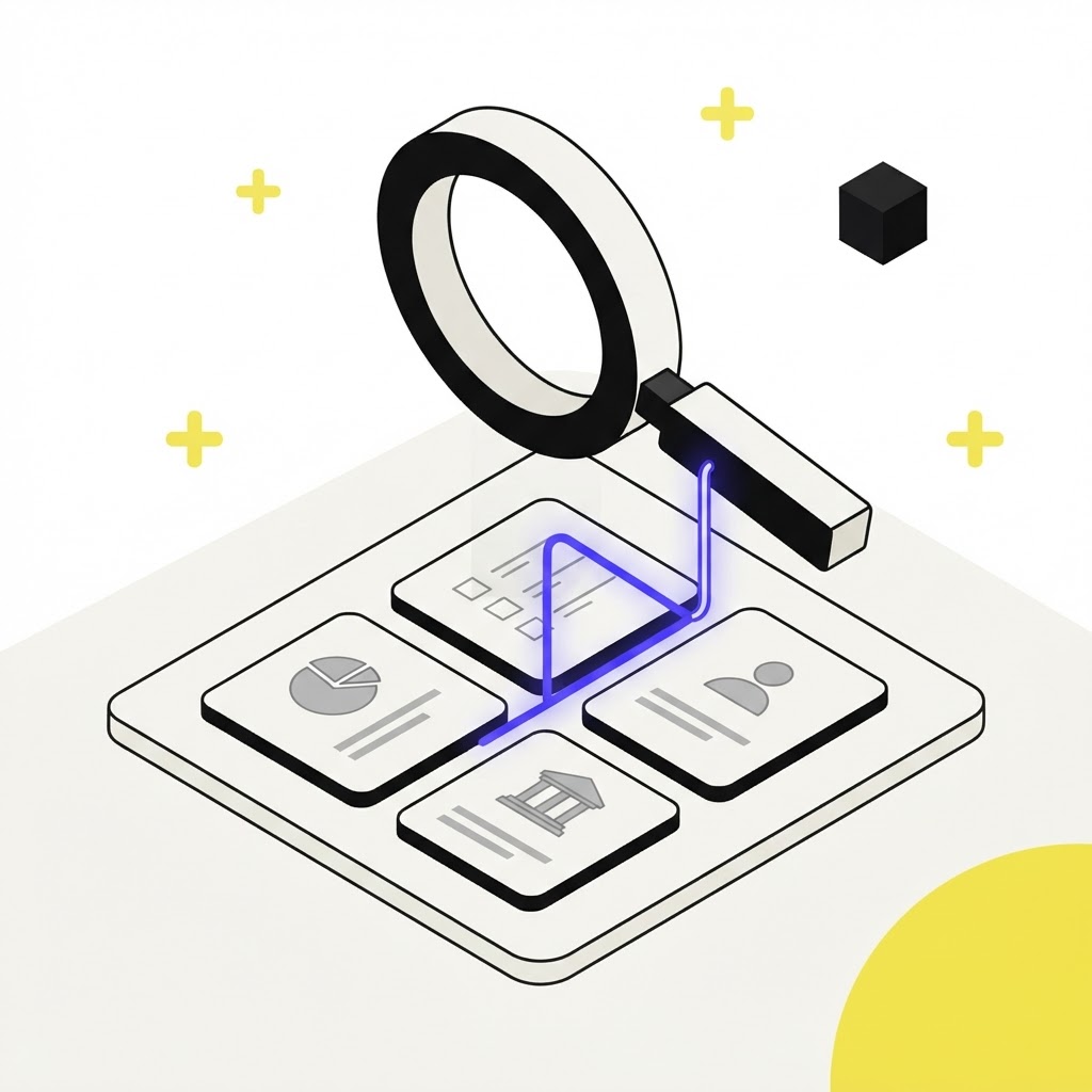 Isometric view of a magnifying glass tool investigating compliance records