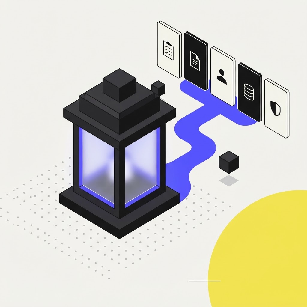 Isometric lantern illustration representing auditability and visibility in research