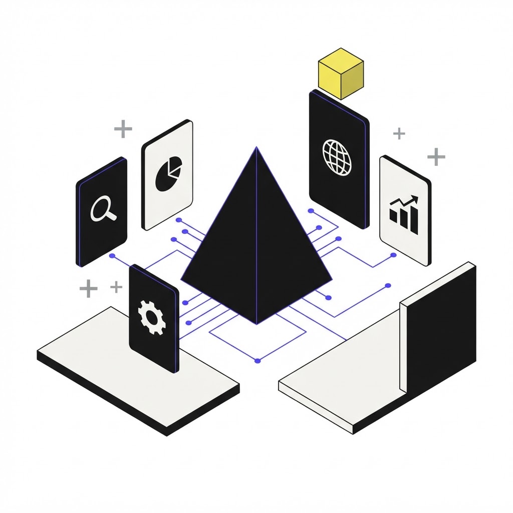 Isometric vector illustration of a central prism analyzing research platforms