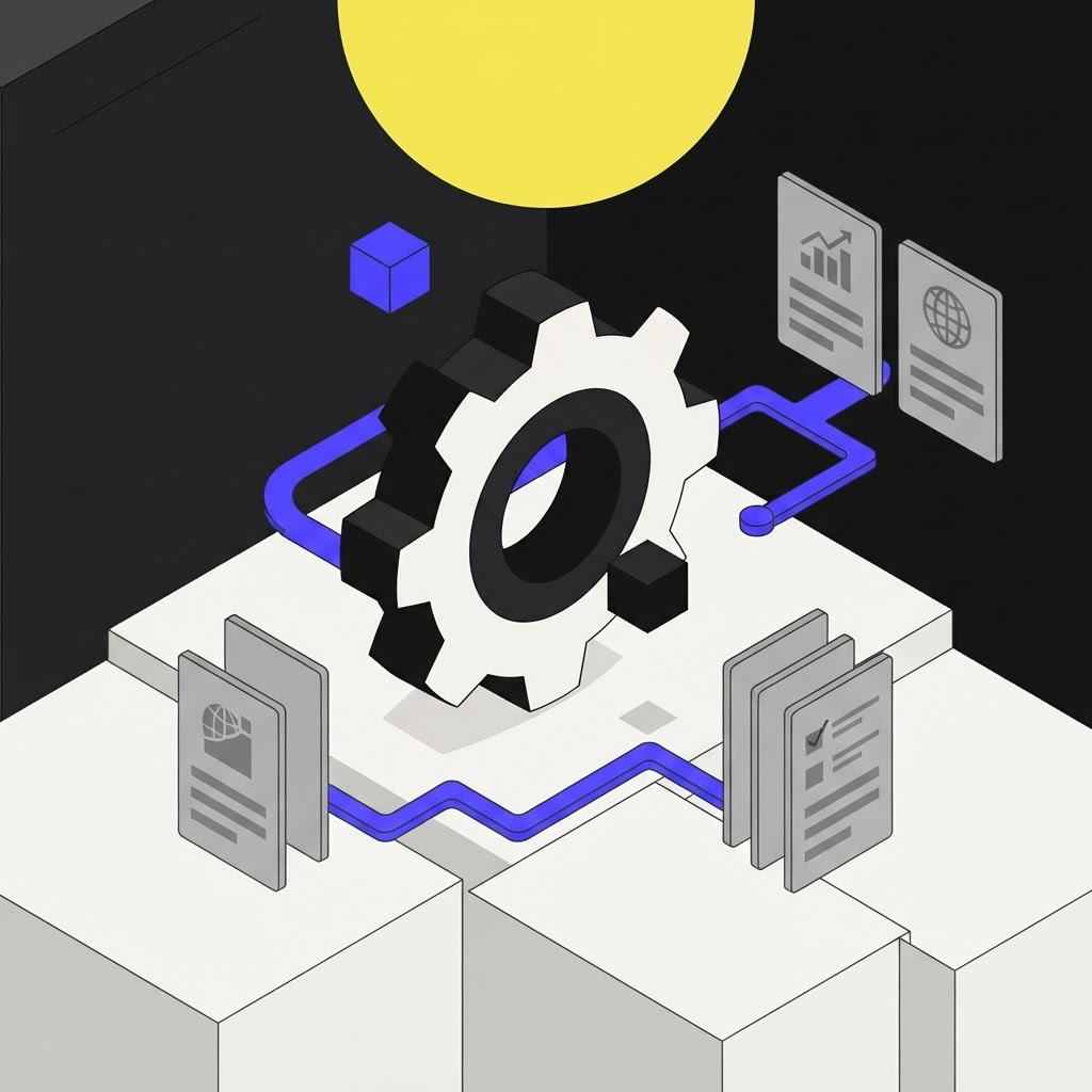 Isometric vector illustration of a gear assembly symbolizing continuous monitoring