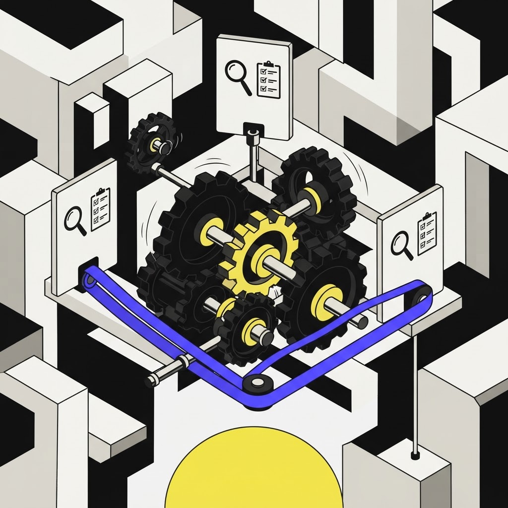 Isometric gear mechanism representing auditable AI monitoring processes
