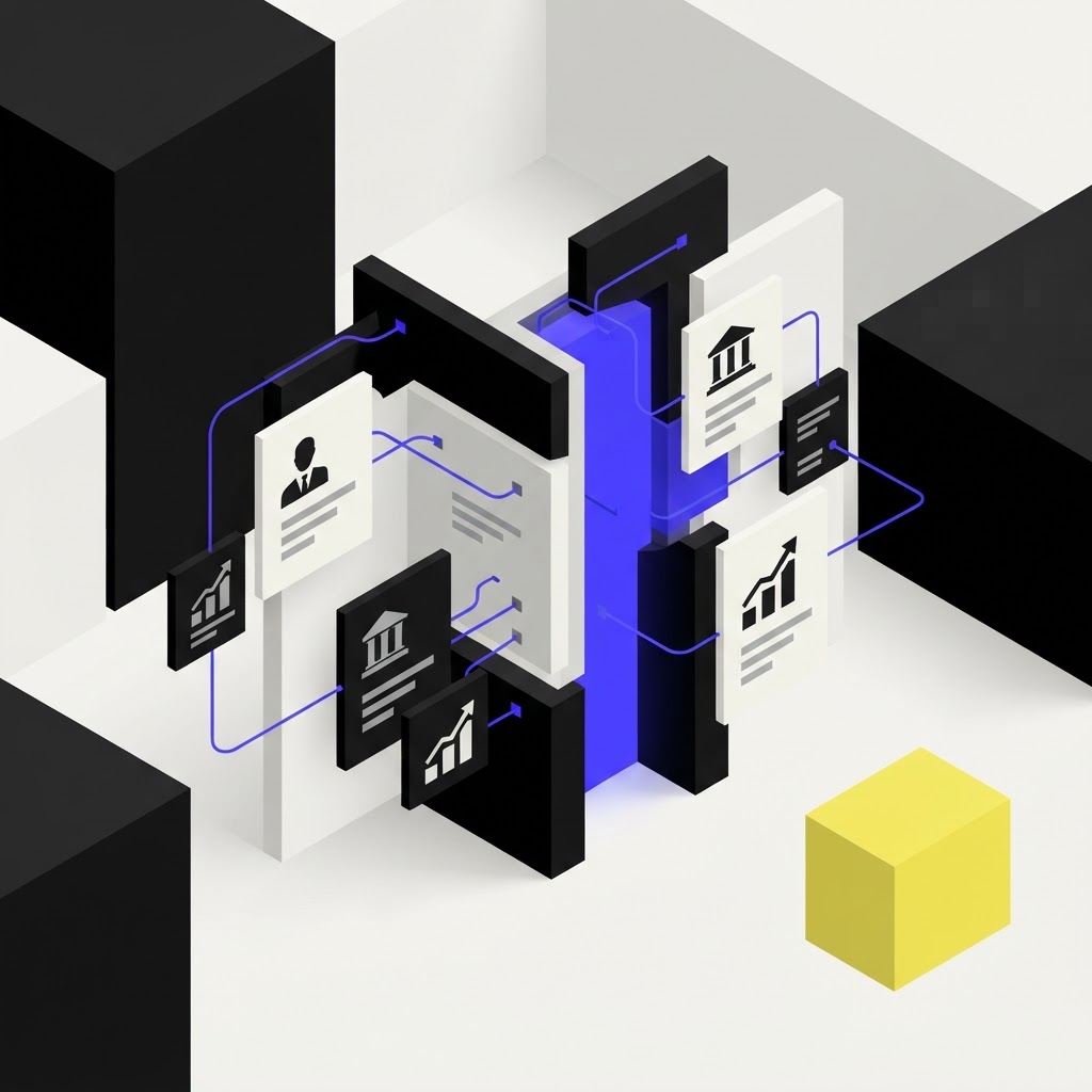 A modular 3D gateway representing entity news monitoring