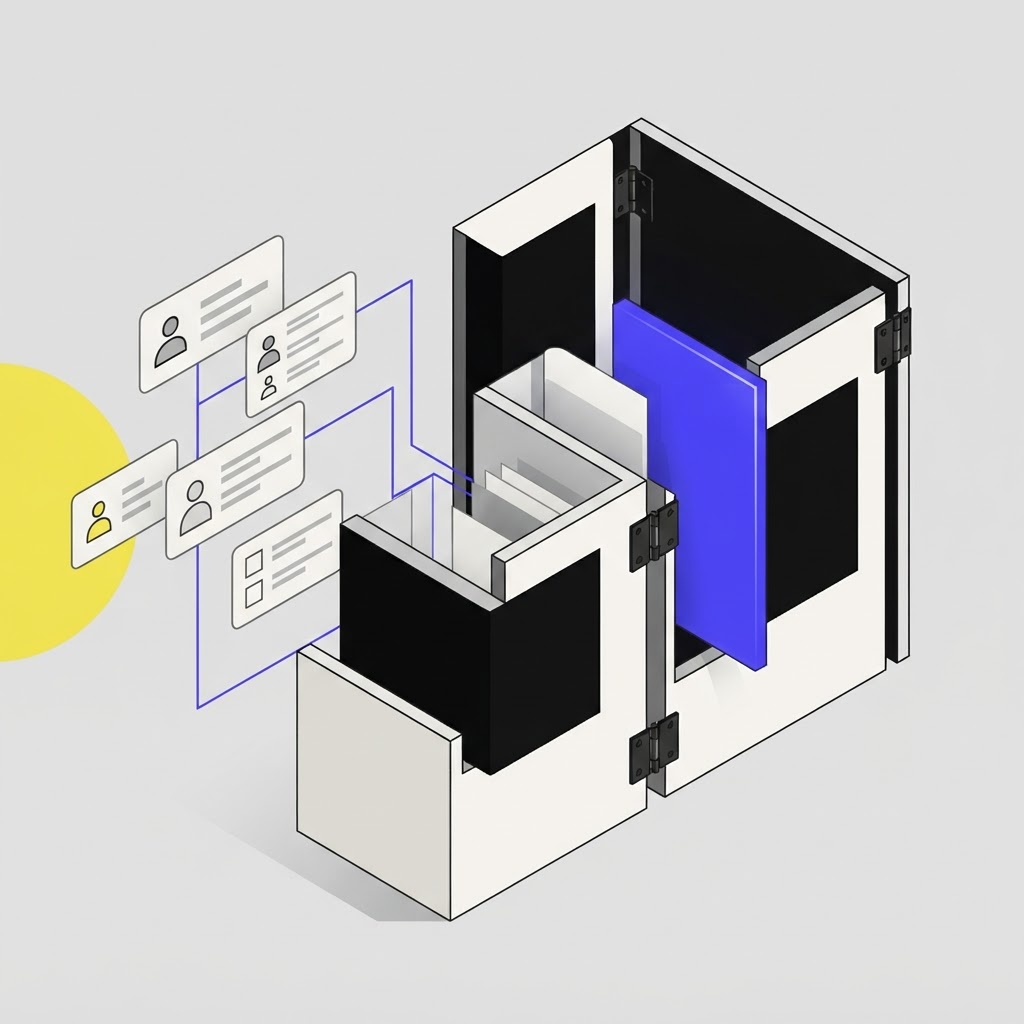 An isometric hinged screen icon illustrating the process of turning complex filings into a simplified document digest