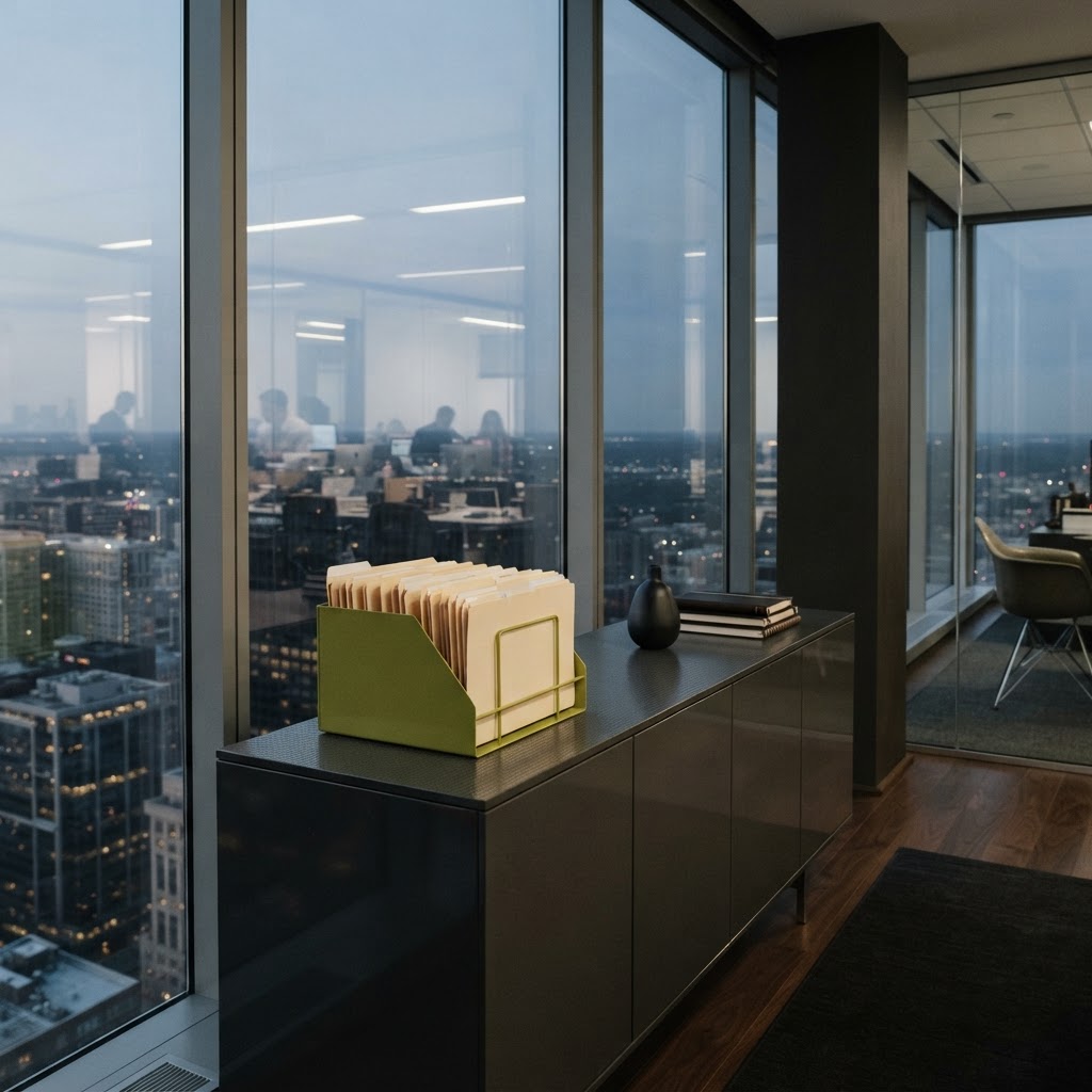 Architectural detail of a modern, orderly office space