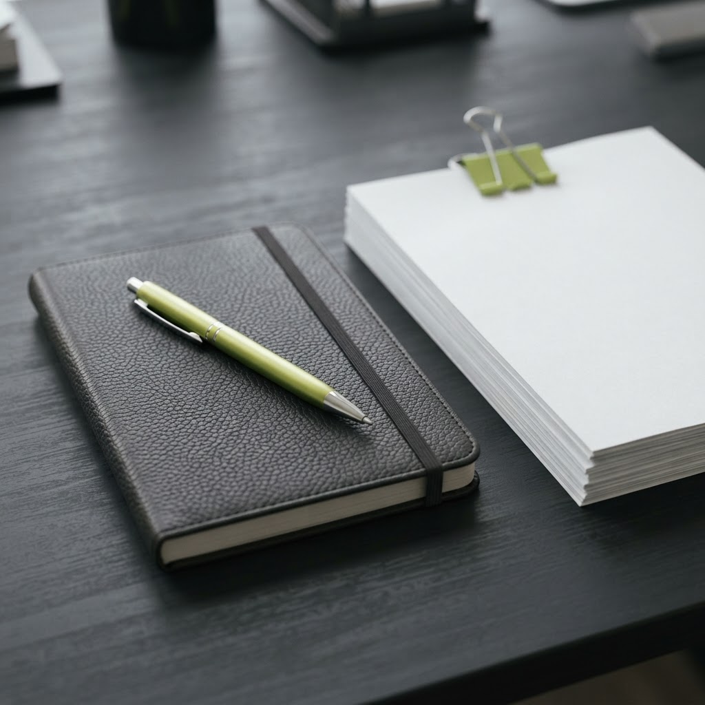 Organized research materials on a dark professional desk