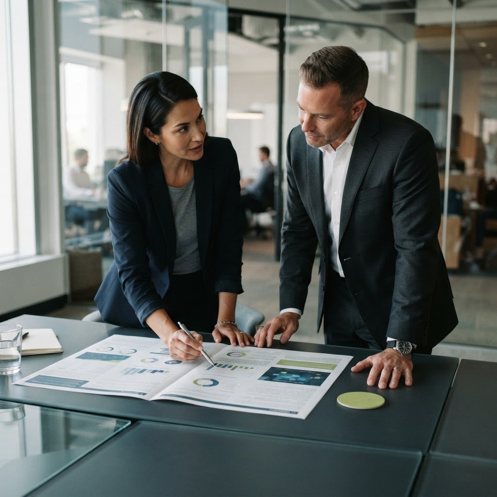 Two professionals reviewing documentation during a meeting