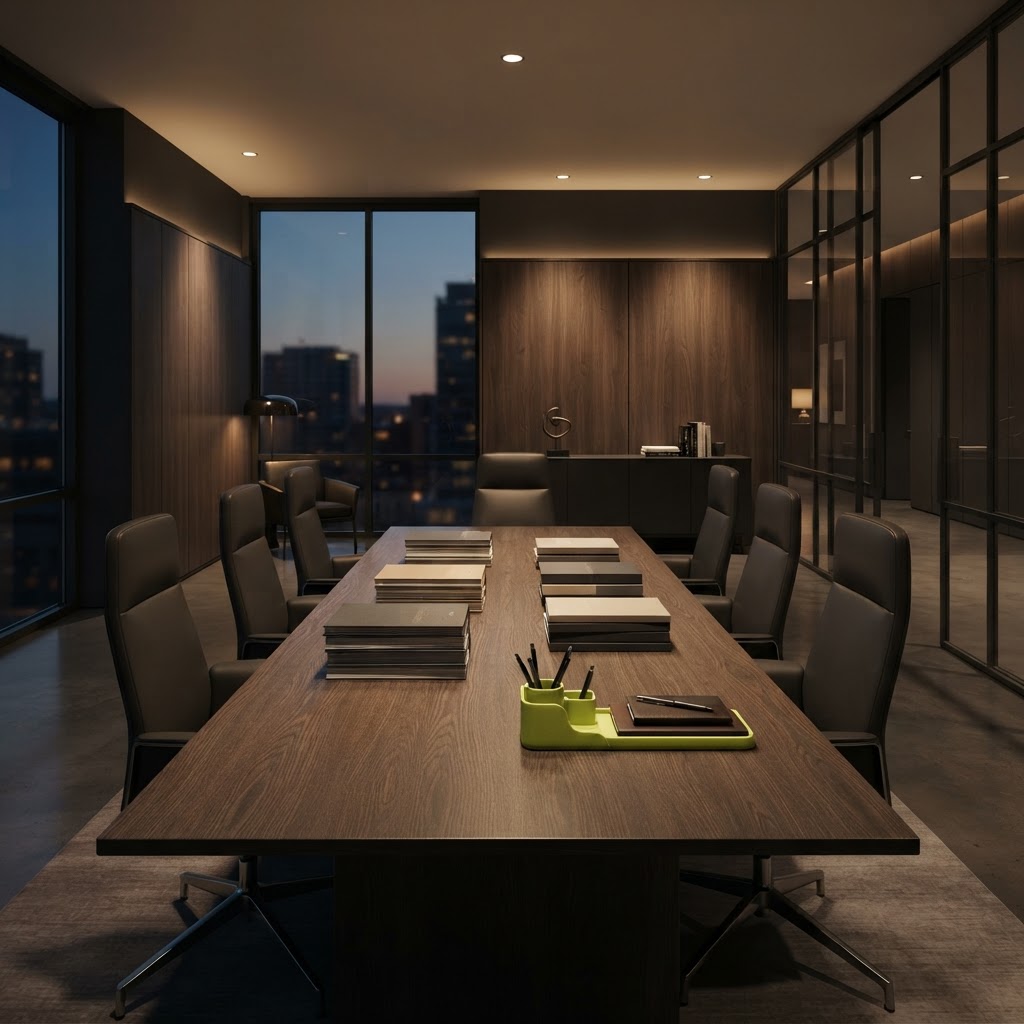 Modern high-stakes compliance office workspace