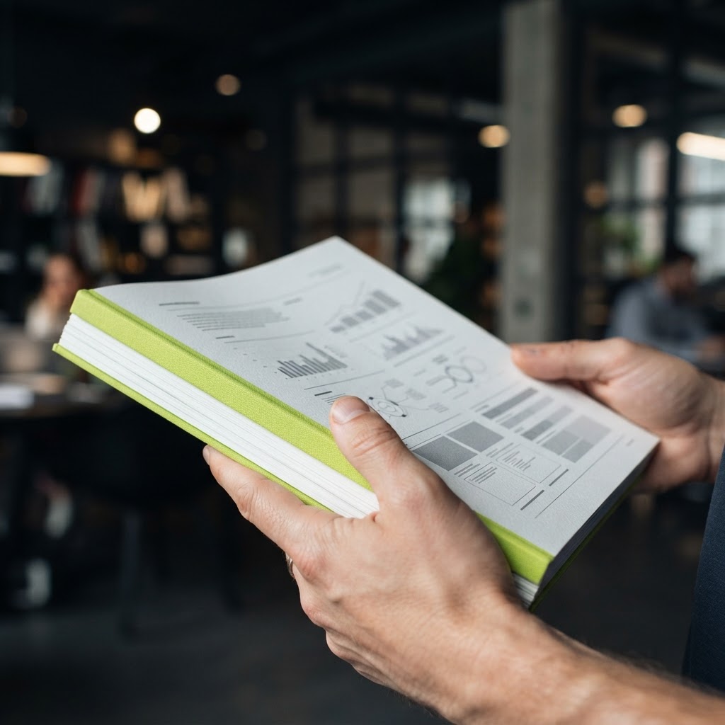 Hands holding a neatly bound physical compliance document