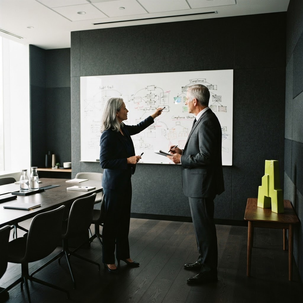 Two professionals discussing regulatory compliance and audit trails
