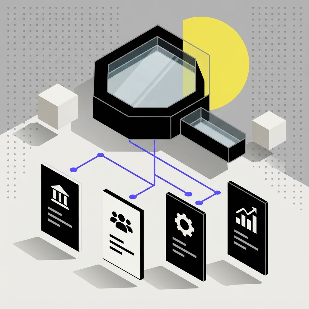 Geometric magnifying glass structure with linked compliance cards