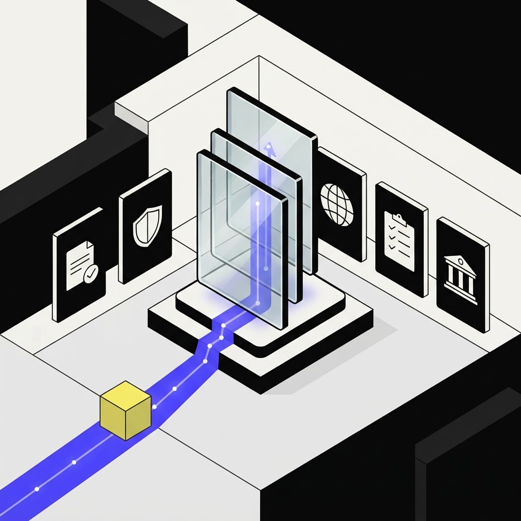 Stacked glass panels symbolizing an auditable decision trail