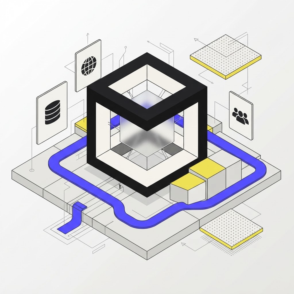 Isometric illustration of a hollow cube hero object with glass panel