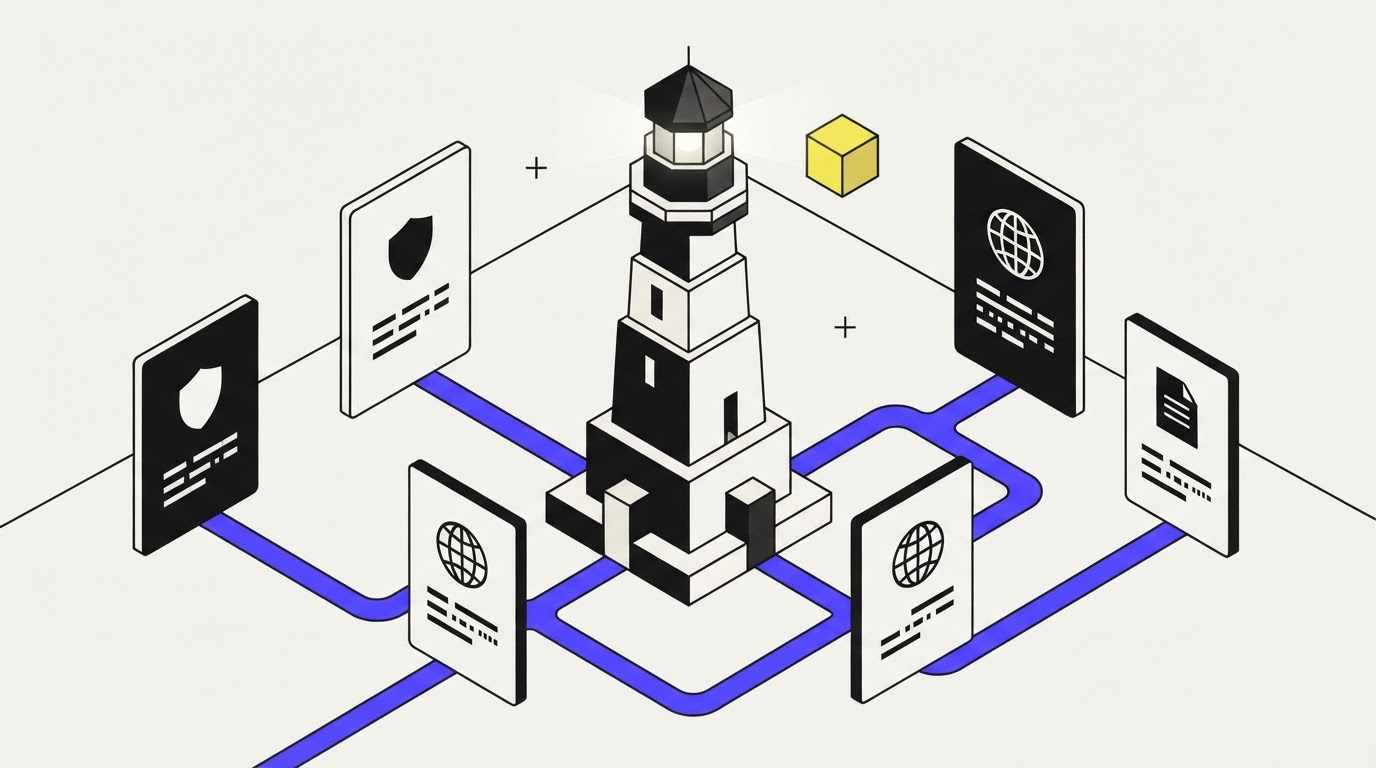 Isometric illustration of a lighthouse hero object with research cards