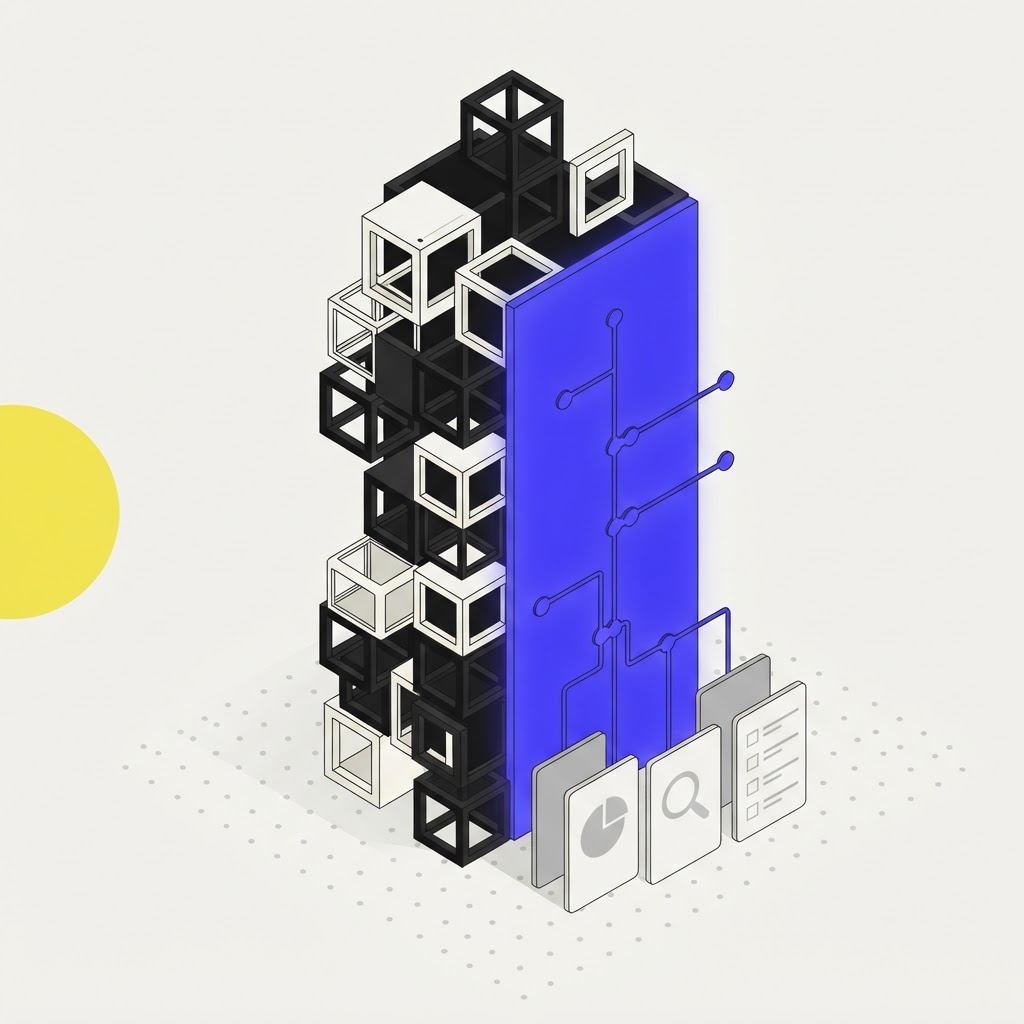 Isometric illustration of a pillar of frames representing continuous research