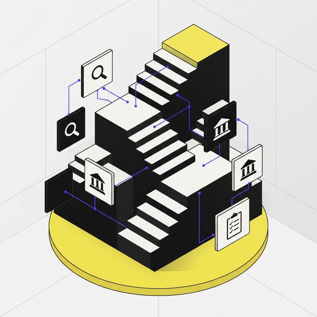 Isometric illustration of a staircase hero object representing diligence steps