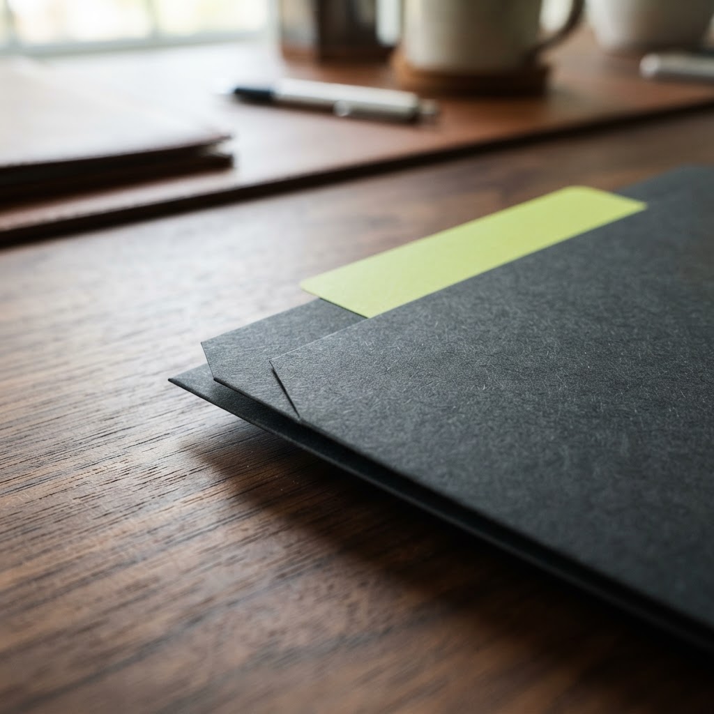 Close up of a physical document file with a lime green tab
